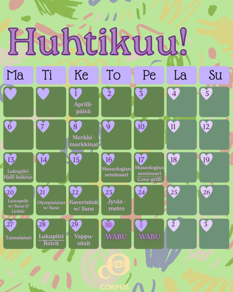 Corpuksen tapahtumakalenteri huhtikuulle 2026.